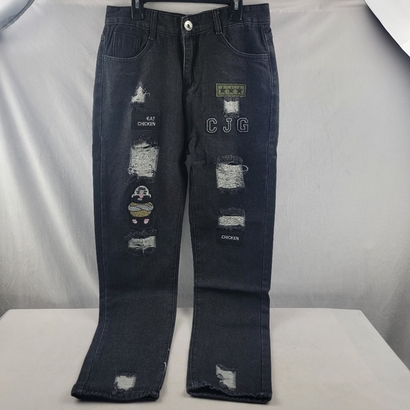 NIB skinny ripped hip hop black denim jeans patches embroidery size Med - Picture 2 of 6